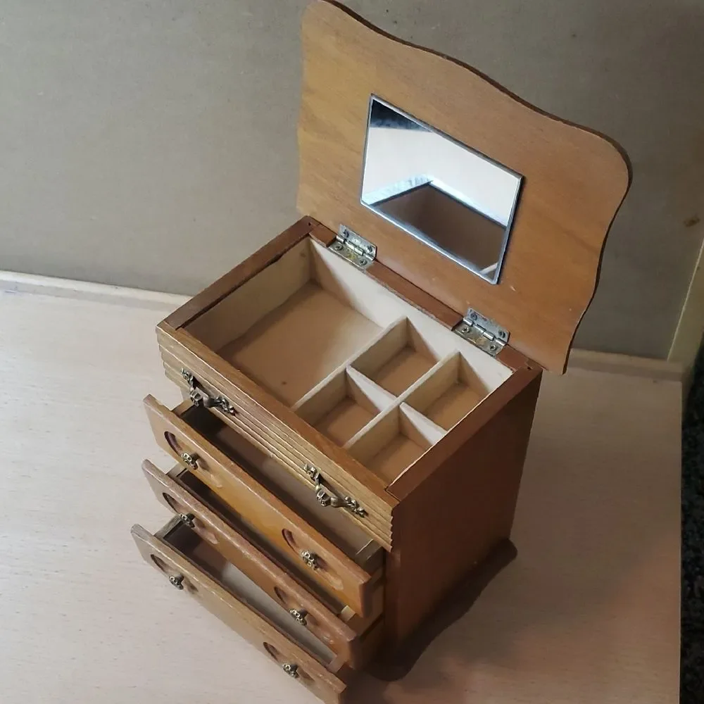 Vintage Wooden Jewelry Organizer with Mirror Trinket Box Hinged Cage